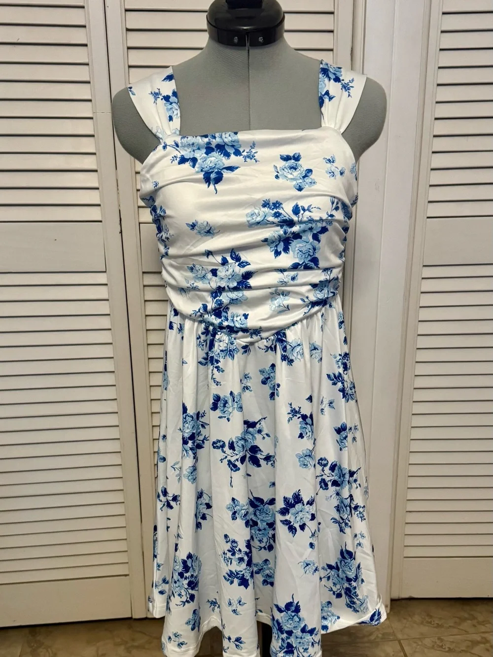White & Blue Floral Midi Dress with Light Blue Tie Front Cardigan